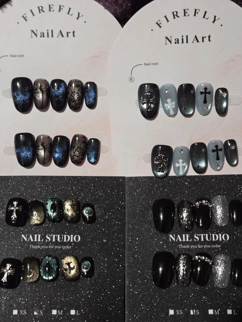 Gothic Y2K Shorty Shimmery Cat Eye 3D Alternative 4 piece Press On Nail Bundle
